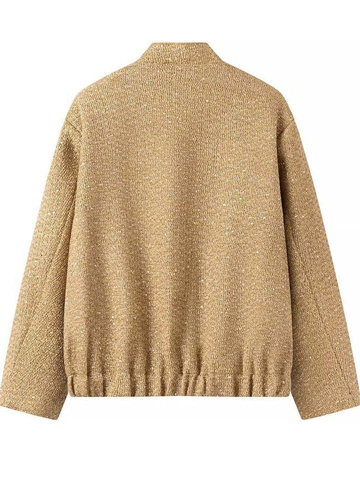 Trendy Bling Sequined Button Up Stand Collar Coat with Pockets