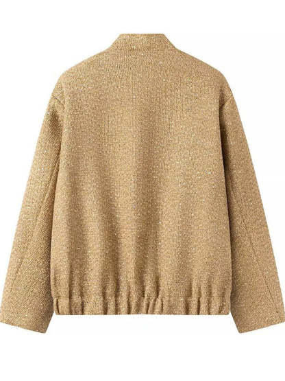 Trendy Bling Sequined Button Up Stand Collar Coat with Pockets