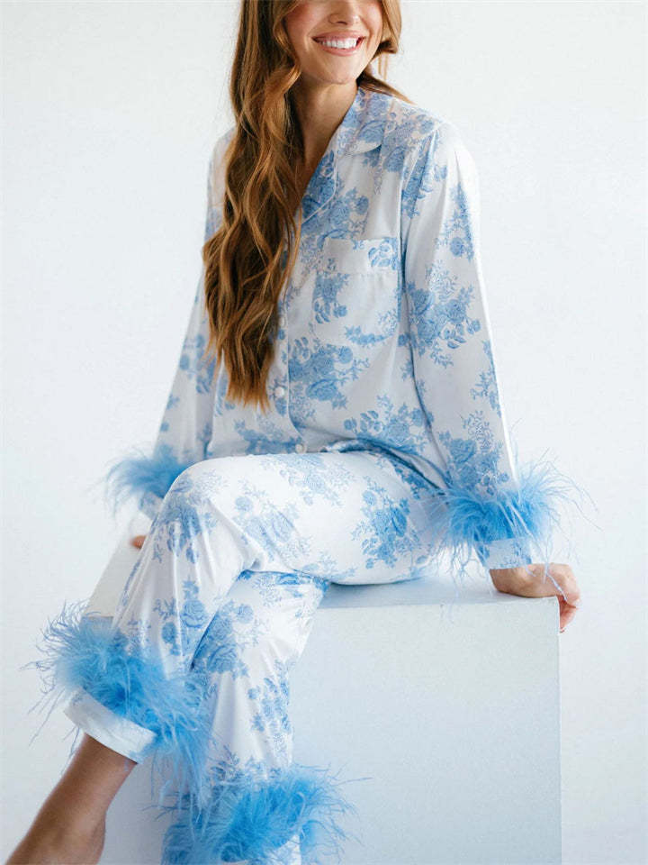 Women's Cute Printed Lapel Satin Pajama Set with Faux Fur Decoration