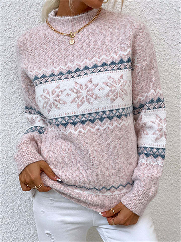 Autumn Casual Semi-high Neck Snowflakes Contrast Color Sweaters