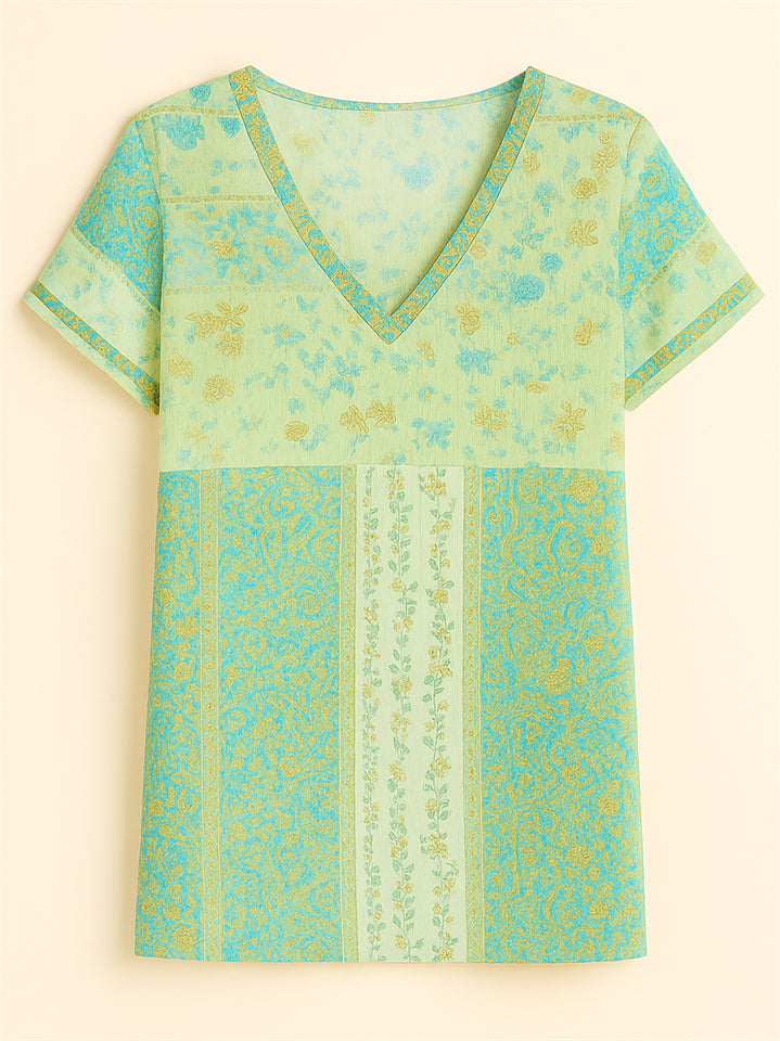 Summer Holiday Style Floral Print V Neck T-Shirt for Women