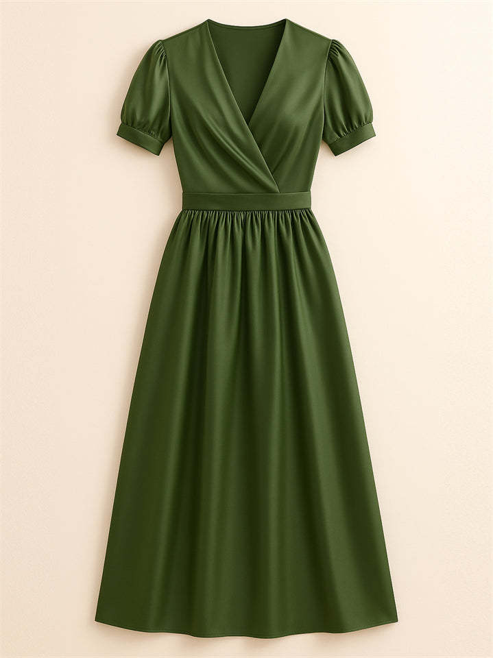 Women's PU Leather Green Elegant French Style V Neck Big Hem Dress