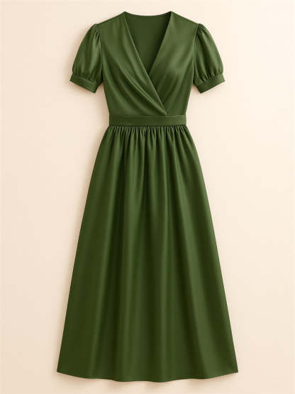 Women's PU Leather Green Elegant French Style V Neck Big Hem Dress