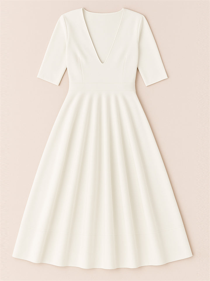 Ladies' Elegant Deep-V Neck Solid Color Half Sleeve Midi Dress
