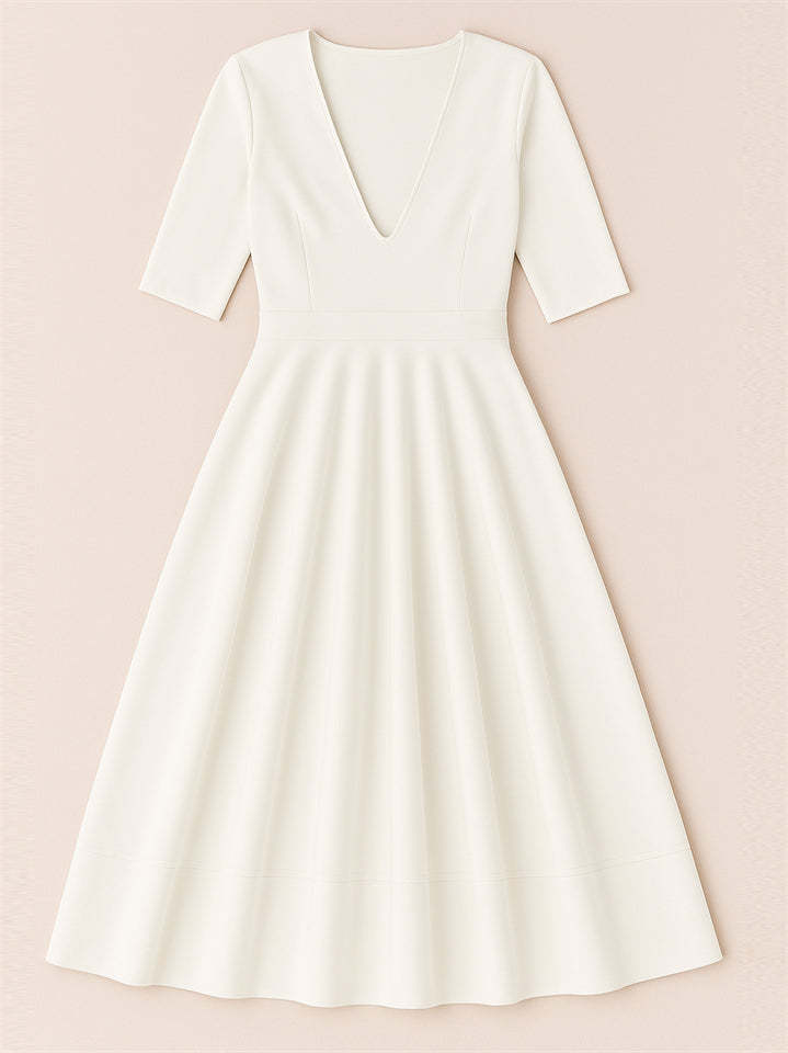Ladies' Elegant Deep-V Neck Solid Color Half Sleeve Midi Dress