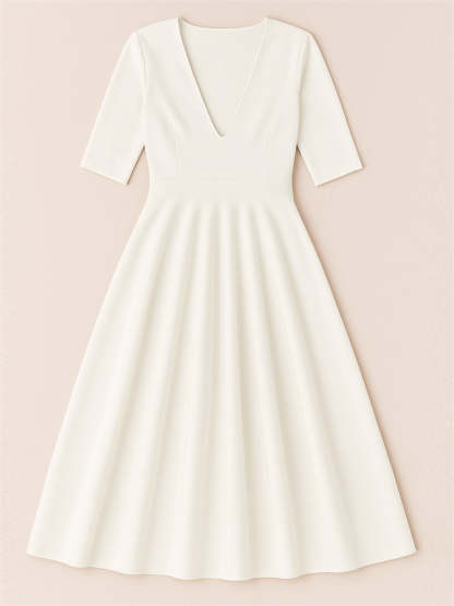 Ladies' Elegant Deep-V Neck Solid Color Half Sleeve Midi Dress