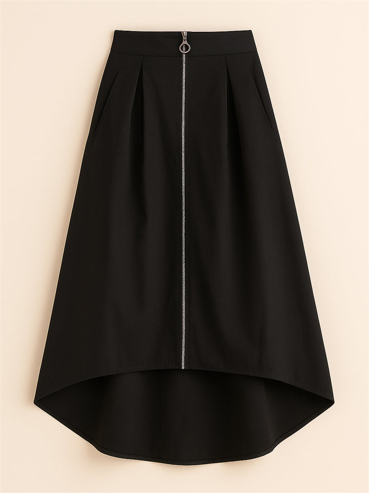 Women's Trendy Solid Color Pockets Zip Up High Waist Asymmetric Hem Skirts