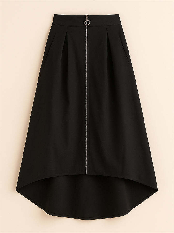 Women's Trendy Solid Color Pockets Zip Up High Waist Asymmetric Hem Skirts