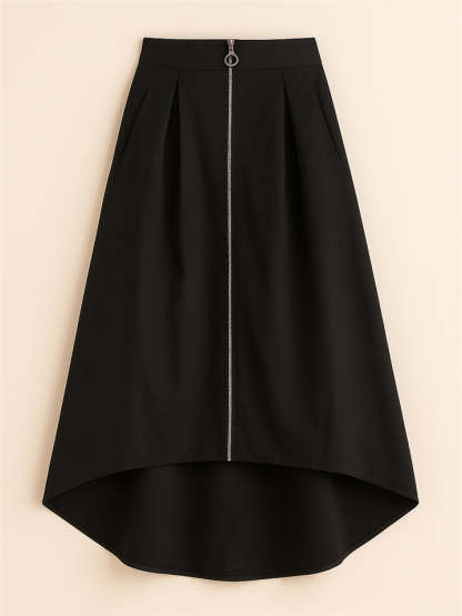 Women's Trendy Solid Color Pockets Zip Up High Waist Asymmetric Hem Skirts