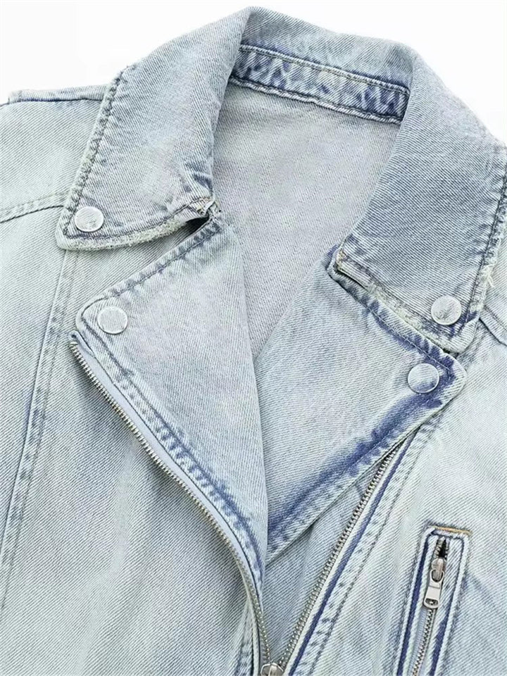 Women's Blue Vintage Zip Up Lapel Short Denim Jackets