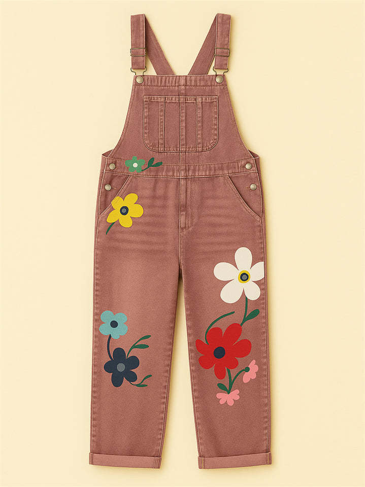 Women's Floral Print Denim Pockets Cargo Overall Jumpsuit