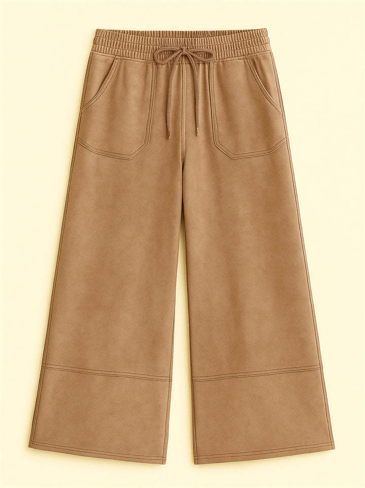Women's Distressed Solid Color Pockets Elastic Waist Wide Leg Pants
