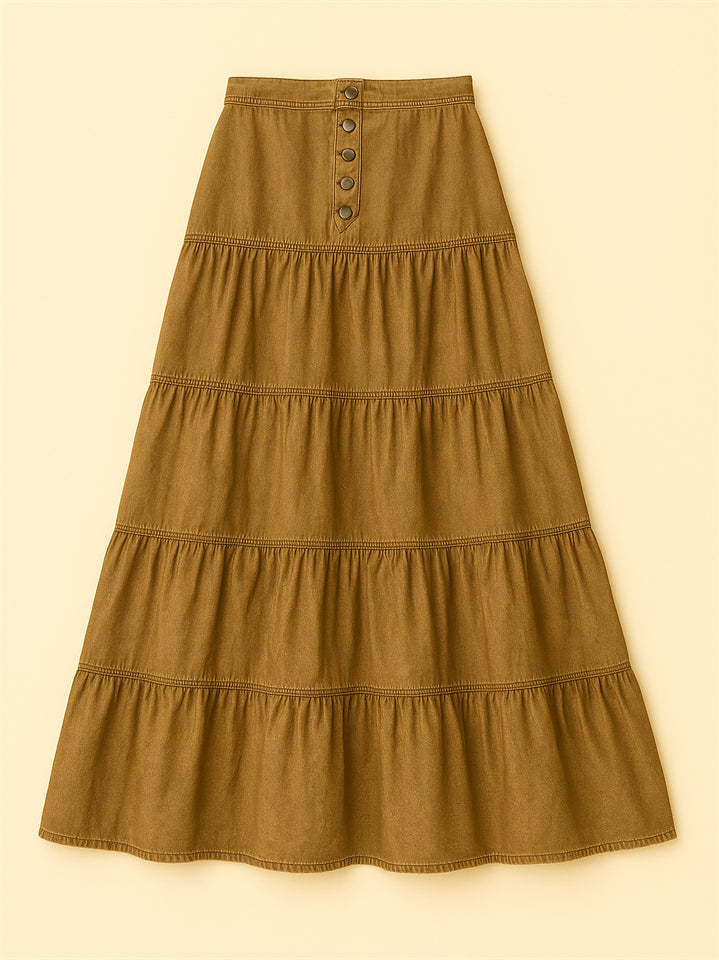 Women Bohemian Style A-line Button Front Denim Tiered Skirt