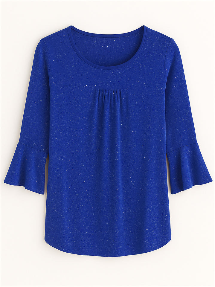 Women's Solid Color Mesh Patchwork Bling 3/4 Flare Sleeve Shirt