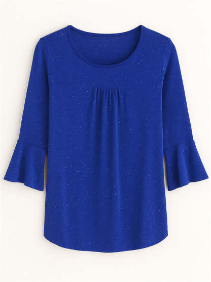 Women's Solid Color Mesh Patchwork Bling 3/4 Flare Sleeve Shirt