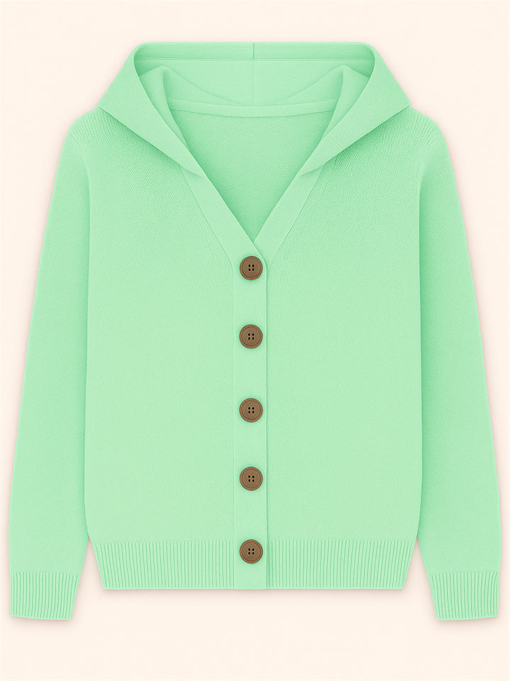 Autumn Candy Color Button Up Long Sleeve Hooded Sweaters for Women