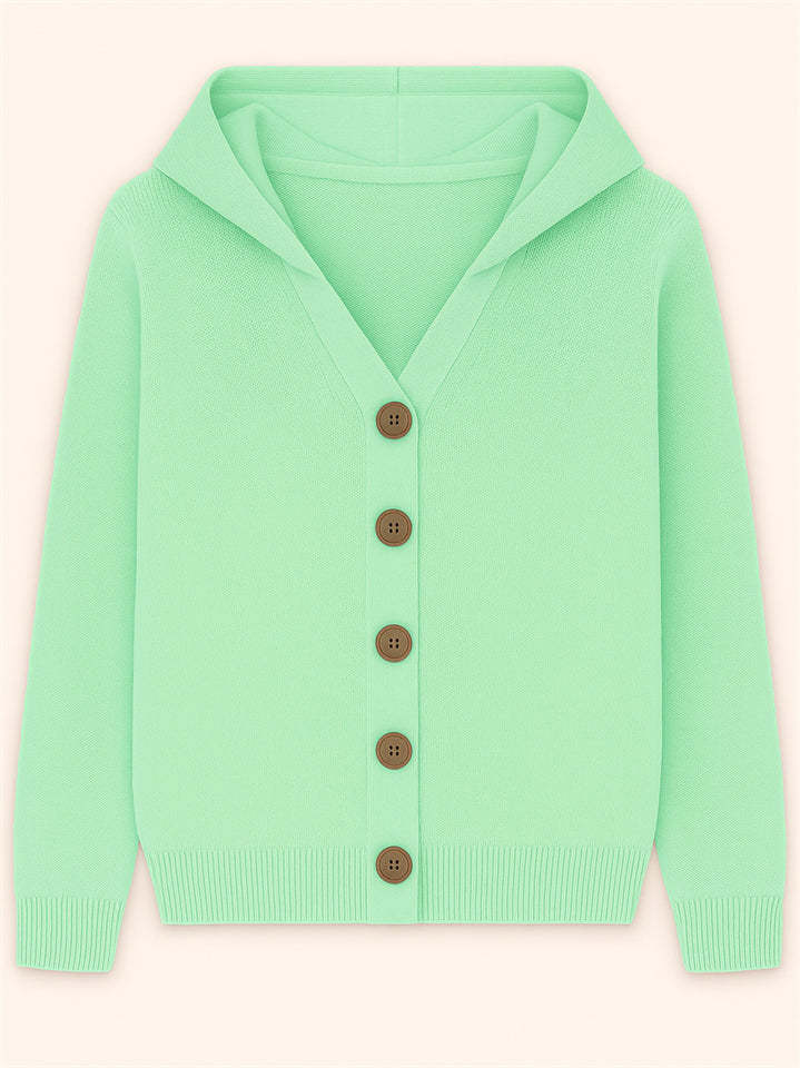 Autumn Candy Color Button Up Long Sleeve Hooded Sweaters for Women