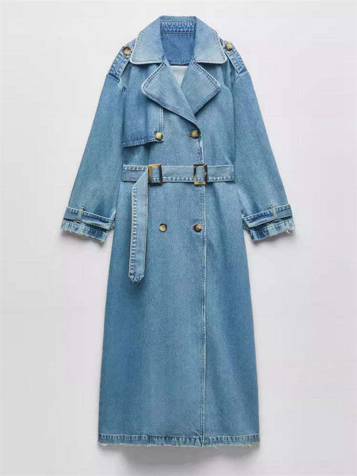 Trendy Double Breasted Belted Denim Trench Coat For women