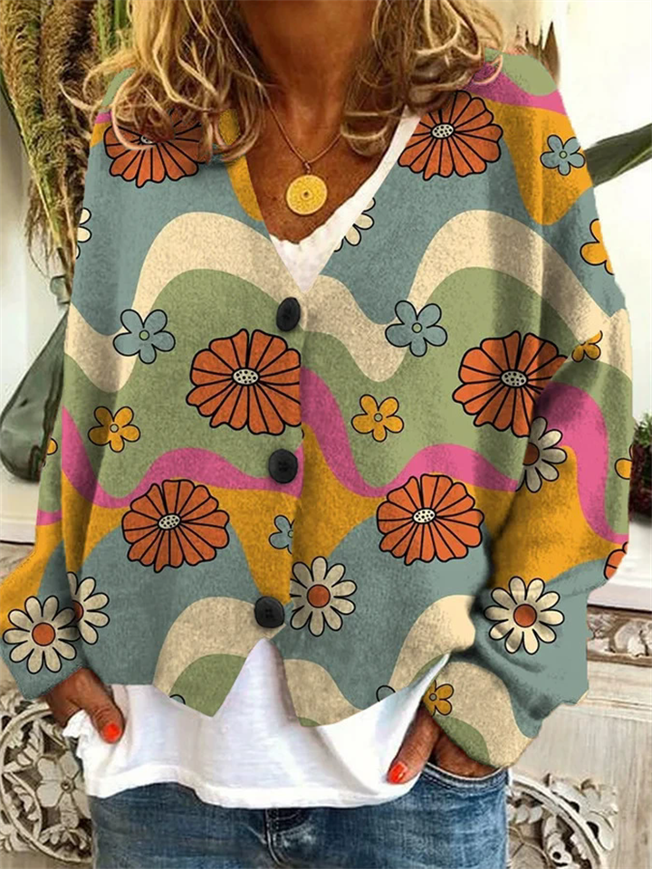 Casual Flowers Print Button Up Cardigan Sweaters for Women