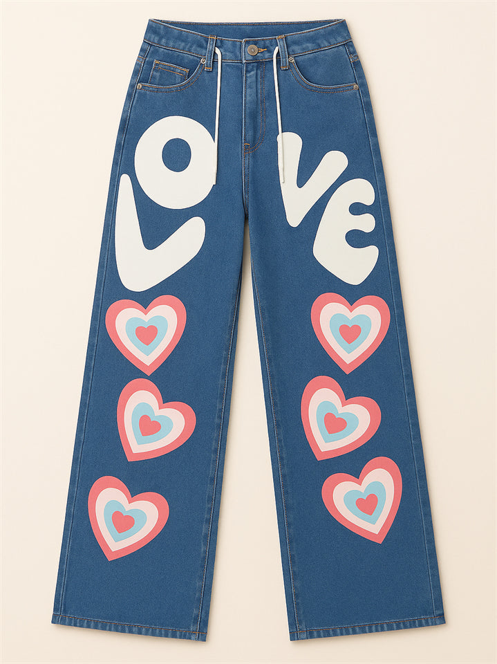 Women's Cute LOVE Heart Print Drawstring Straight Leg Jeans
