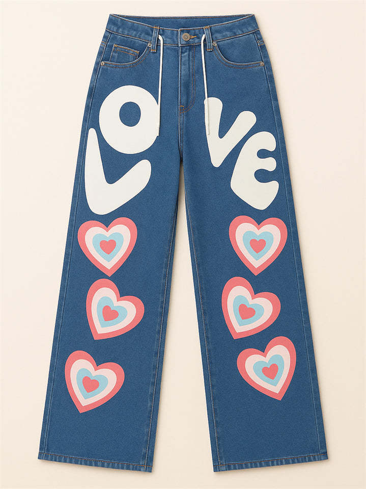 Women's Cute LOVE Heart Print Drawstring Straight Leg Jeans