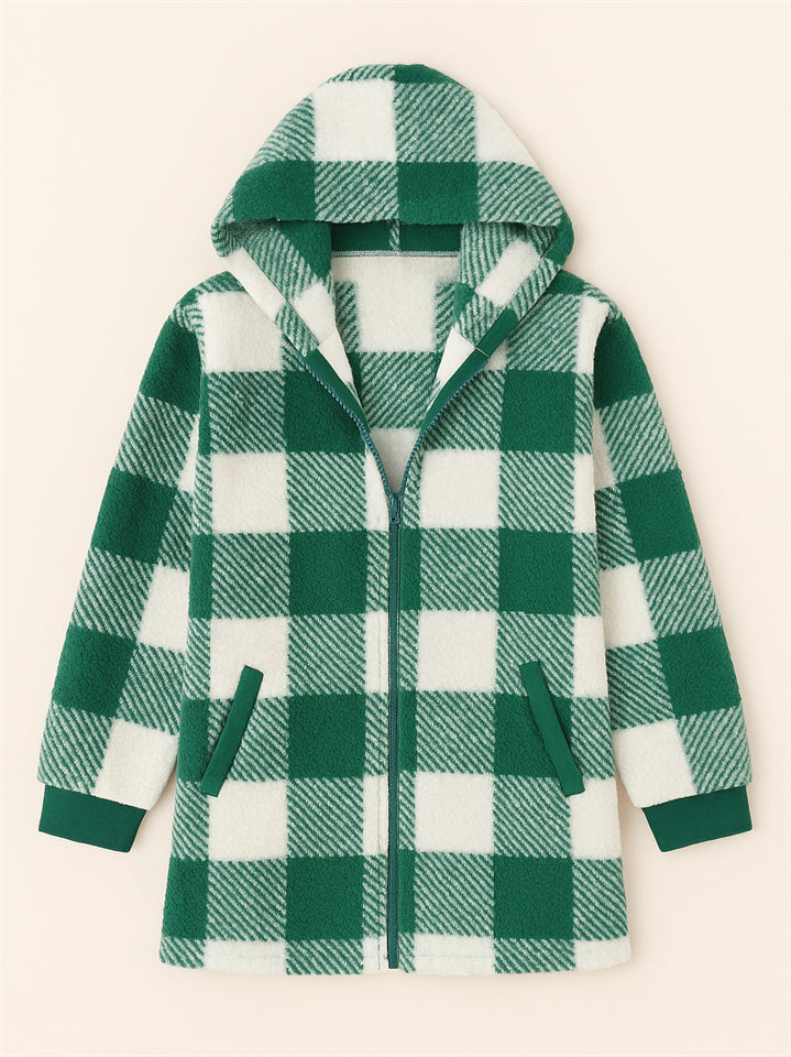 Women's Autumn Classic Plaid Zip Up Pockets Hooded Jackets