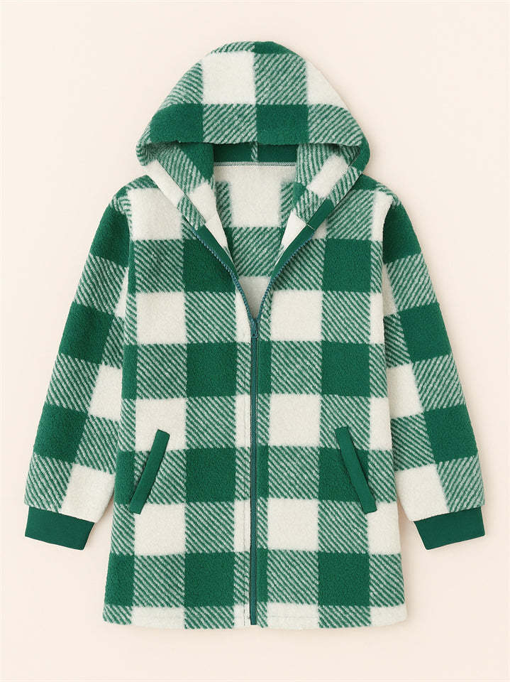 Women's Autumn Classic Plaid Zip Up Pockets Hooded Jackets