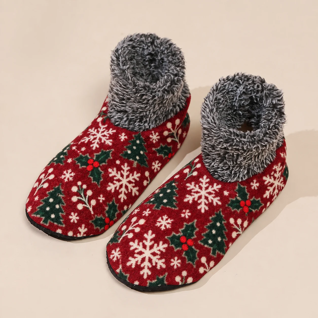 Red fuzzy Christmas house socks with snowflake, Christmas tree and holly prints