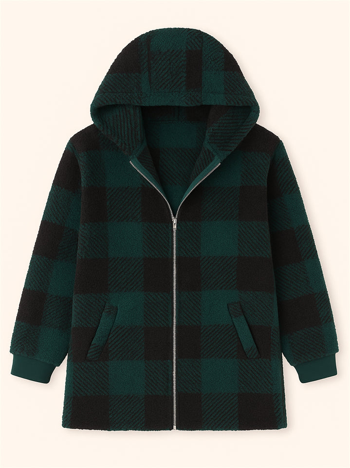 Women's Autumn Classic Plaid Zip Up Pockets Hooded Jackets
