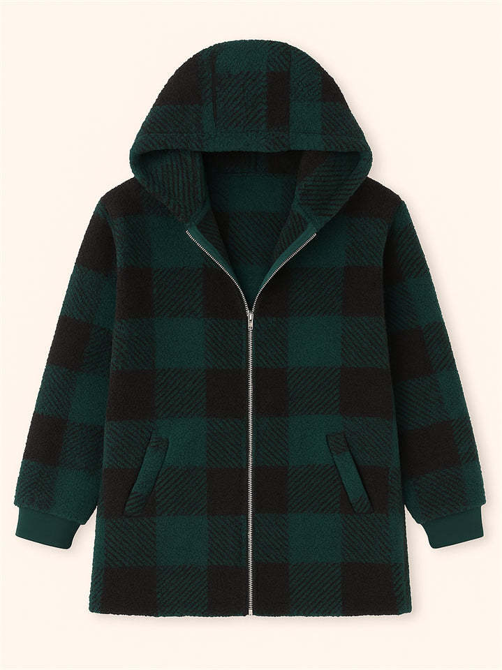 Women's Autumn Classic Plaid Zip Up Pockets Hooded Jackets