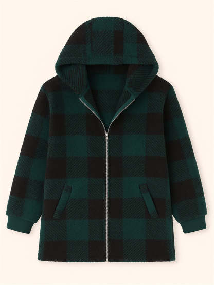 Women's Autumn Classic Plaid Zip Up Pockets Hooded Jackets