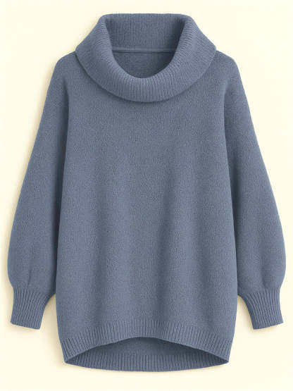 Casual Solid Color Turtleneck Kangaroo Pocket Lantern Sleeve Sweaters for Women