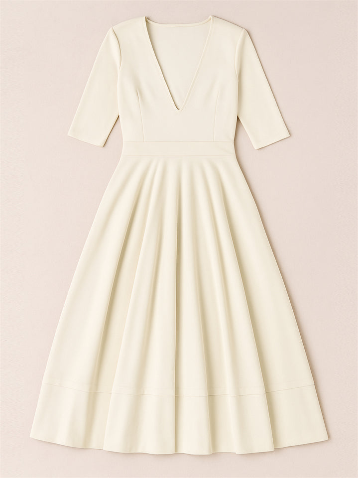 Ladies' Elegant Deep-V Neck Solid Color Half Sleeve Midi Dress