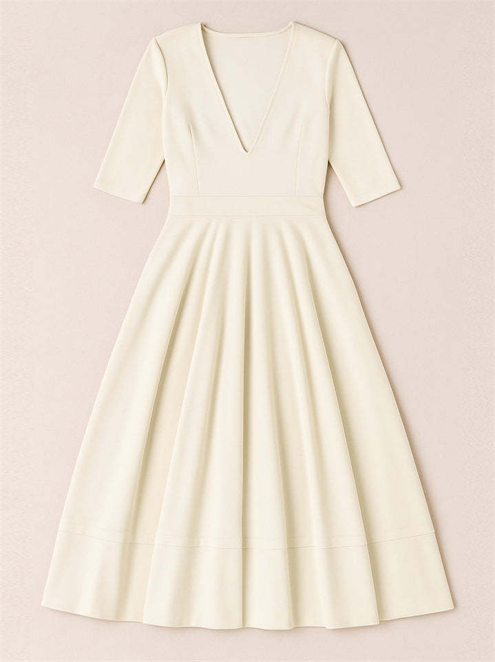 Ladies' Elegant Deep-V Neck Solid Color Half Sleeve Midi Dress