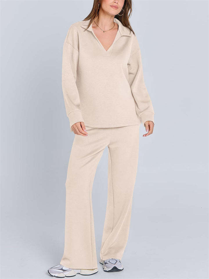 Women's 2Pcs Autumn Casual Solid Color  V Neck Lapel Long Sleeve Outfit