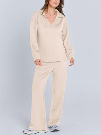 Women's 2Pcs Autumn Casual Solid Color  V Neck Lapel Long Sleeve Outfit