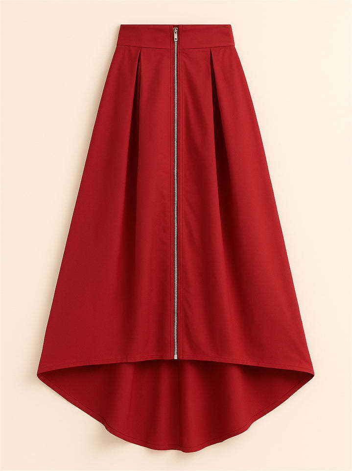 Women's Trendy Solid Color Pockets Zip Up High Waist Asymmetric Hem Skirts