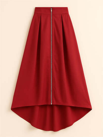 Women's Trendy Solid Color Pockets Zip Up High Waist Asymmetric Hem Skirts