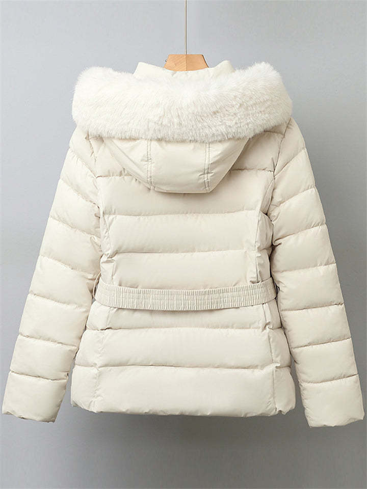 Winter Solid Color Belted Fleeced Coat with Faux Fur Collar