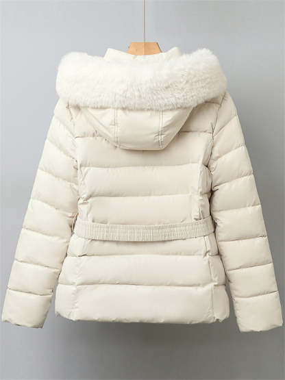 Winter Solid Color Belted Fleeced Coat with Faux Fur Collar