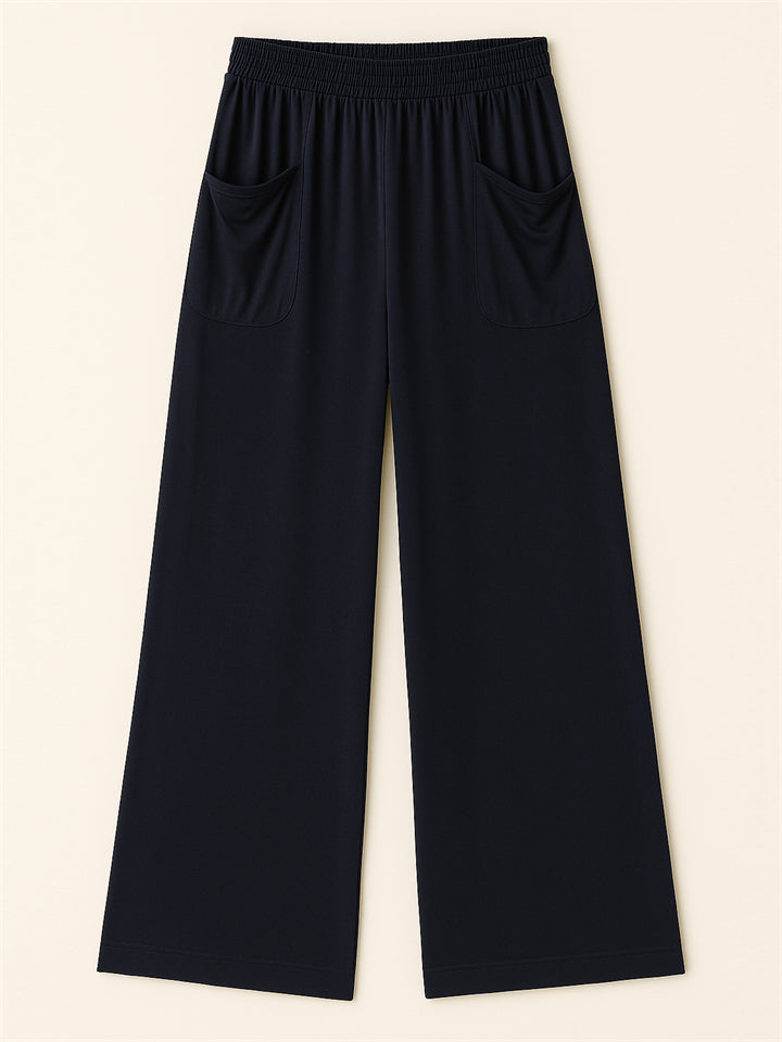 Simple Solid Color Pockets Elastic Hight Waist Wide Leg Pants for Women