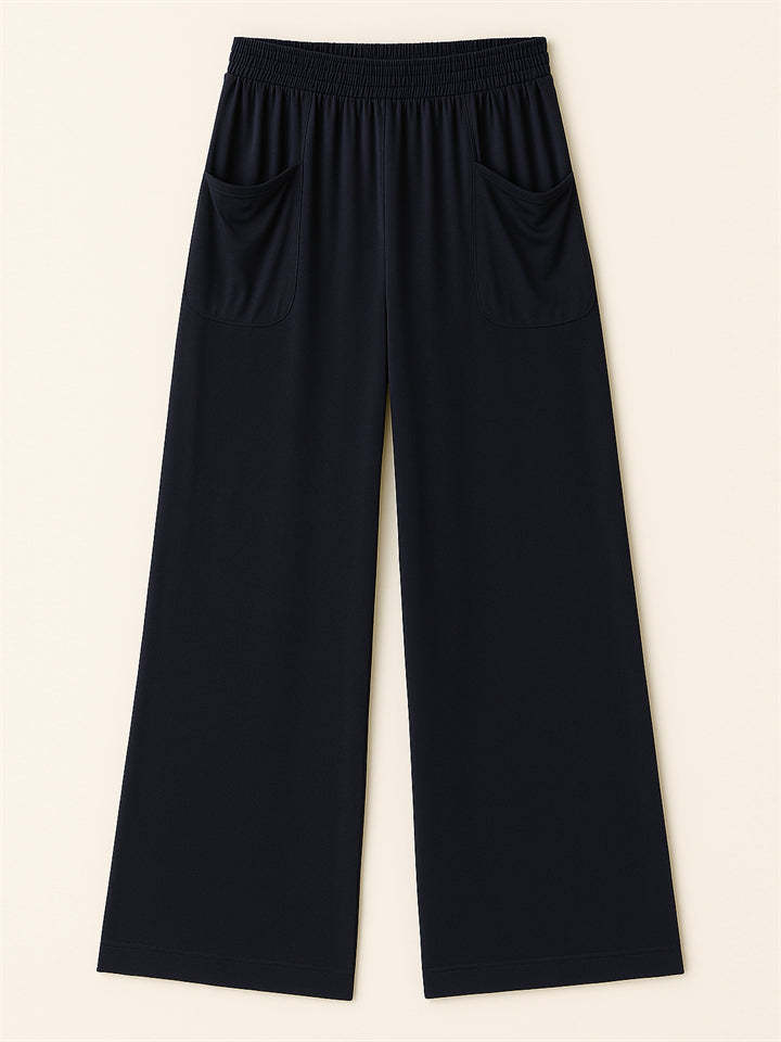 Simple Solid Color Pockets Elastic Hight Waist Wide Leg Pants for Women
