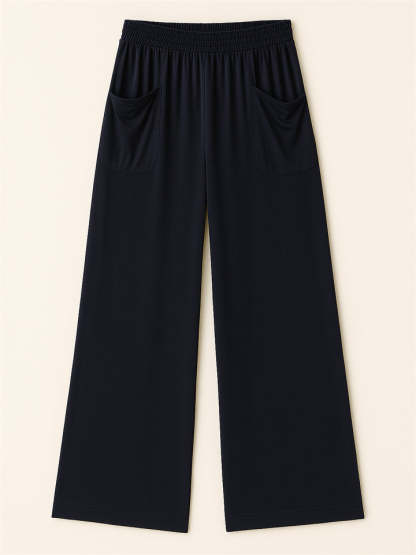 Simple Solid Color Pockets Elastic Hight Waist Wide Leg Pants for Women