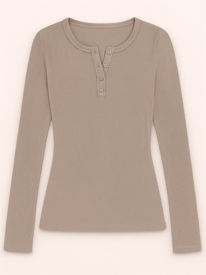 Solid Color Striped Buttons Pullover Slim-fit Long Sleeve Shirts for Women