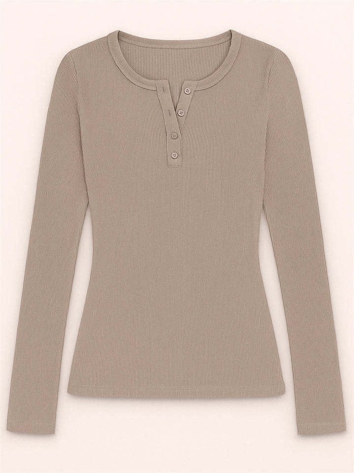 Solid Color Striped Buttons Pullover Slim-fit Long Sleeve Shirts for Women