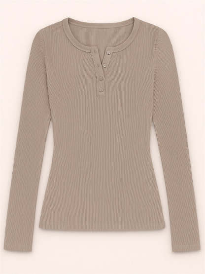 Solid Color Striped Buttons Pullover Slim-fit Long Sleeve Shirts for Women