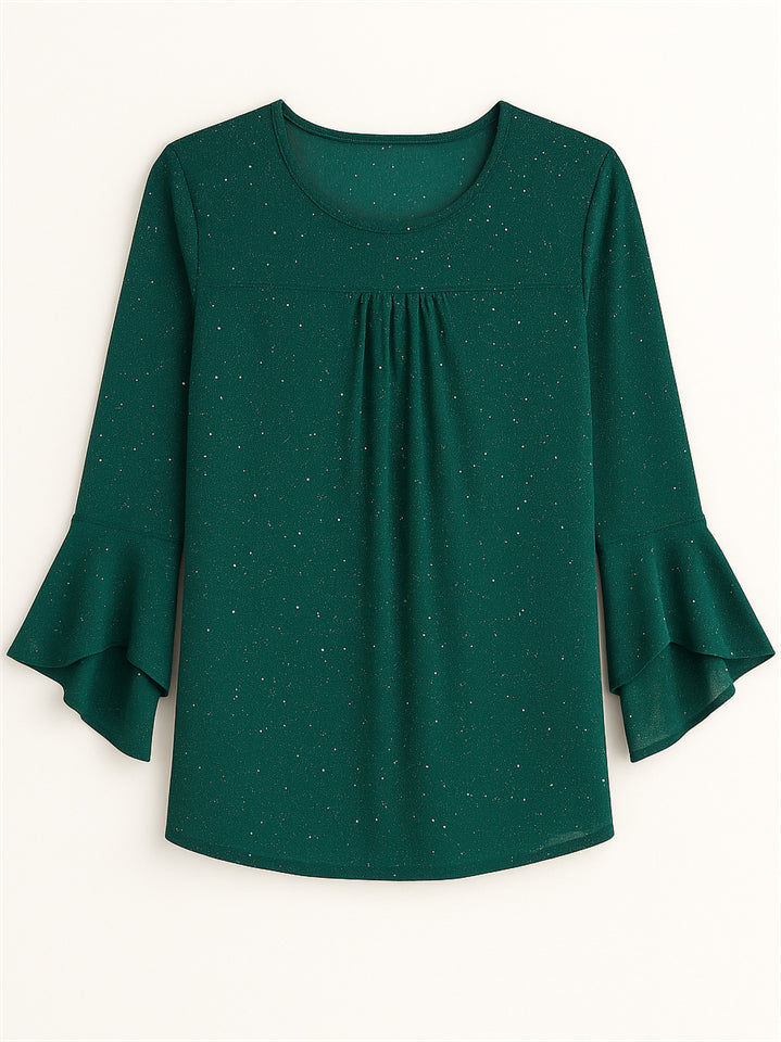 Women's Solid Color Mesh Patchwork Bling 3/4 Flare Sleeve Shirt