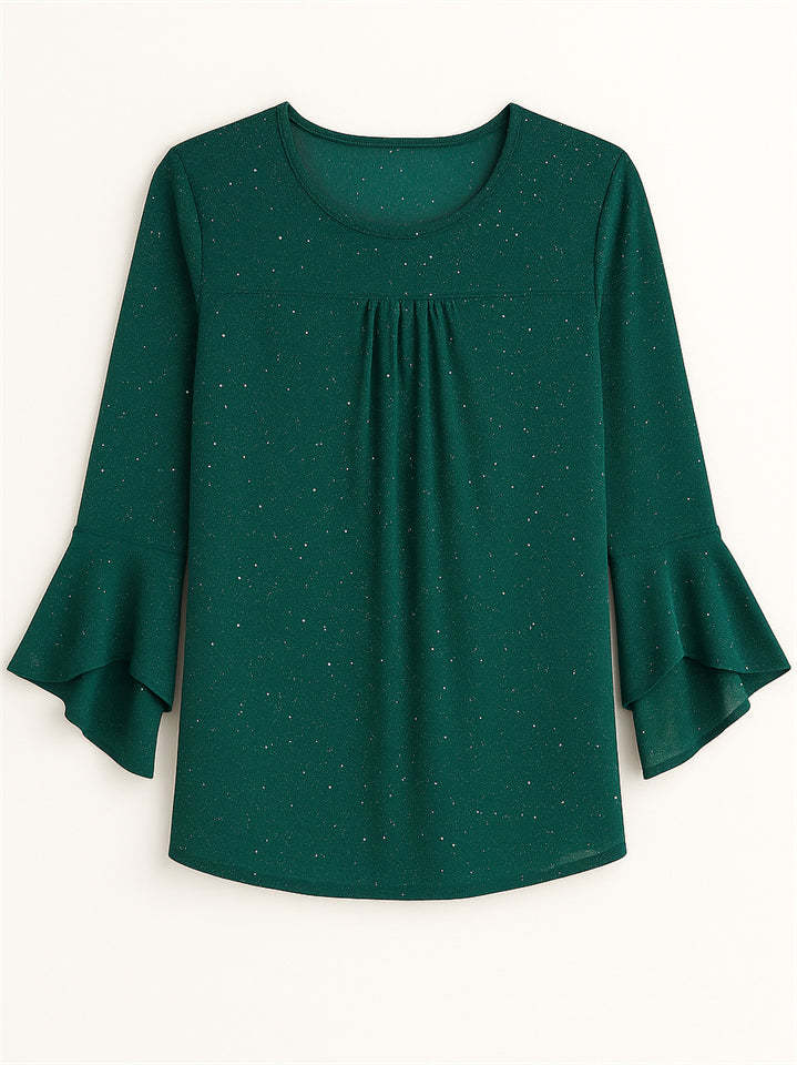 Women's Solid Color Mesh Patchwork Bling 3/4 Flare Sleeve Shirt