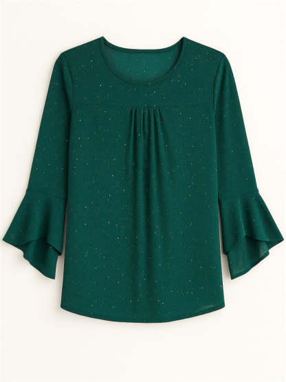 Women's Solid Color Mesh Patchwork Bling 3/4 Flare Sleeve Shirt