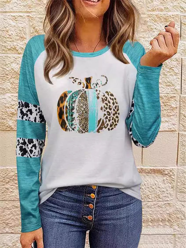 Women's Casual Halloween Pumpkin Pattern Long Sleeve T-shirts